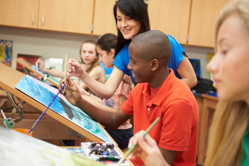 Teenagers in art class painting